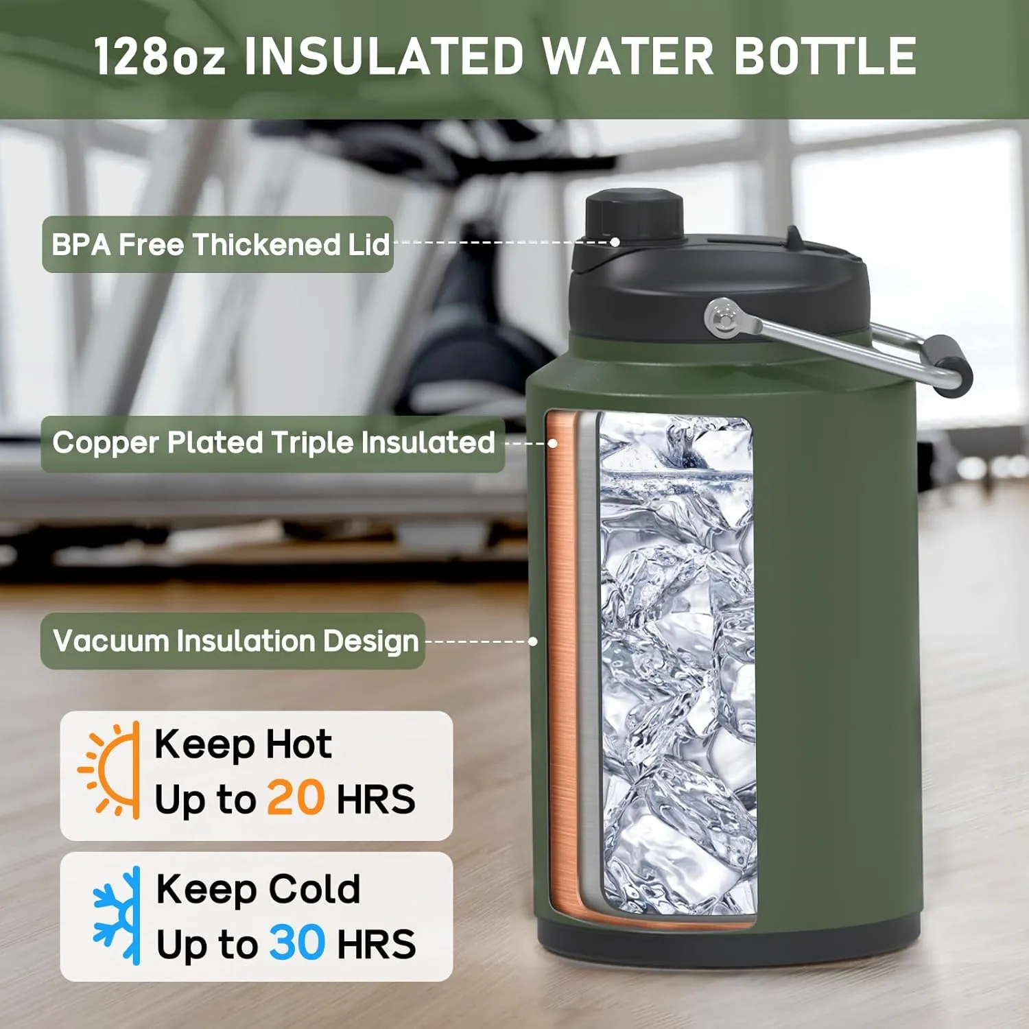 1 Gallon Water Jug Insulated, 2-in-1 Lid, Flip Straw and Spout, Vacuum Insulated Stainless Steel Gallon Water Bottle for Cold & Hot Drinks, Leak Proof, Great for Workouts, Yoga, Fishing, Hiking