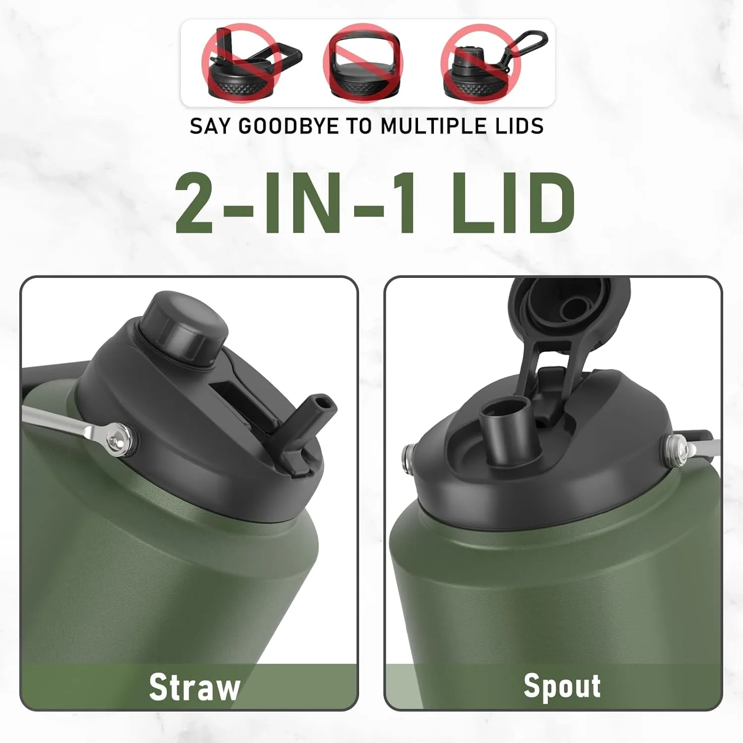 1 Gallon Water Jug Insulated, 2-in-1 Lid, Flip Straw and Spout, Vacuum Insulated Stainless Steel Gallon Water Bottle for Cold & Hot Drinks, Leak Proof, Great for Workouts, Yoga, Fishing, Hiking