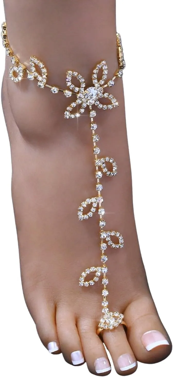 1Pair Summer Beach Water Drop Anklet Rhinestone Toe Ring Foot Chain Bridal Crystal Barefoot Anklet Sandal High Heels Accessories for Women