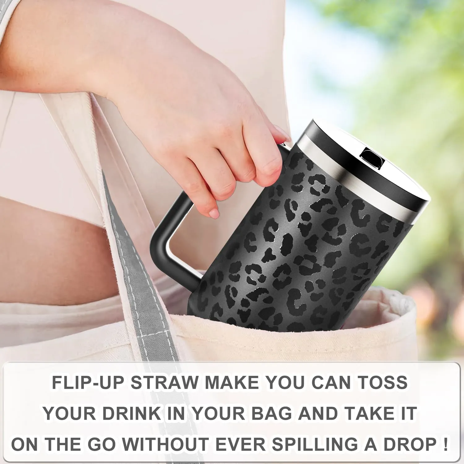 40 oz Tumbler with Handle and Flip Straw Lid - Upgraded Greatyos Insulated Traveler Tumblers with Lids Straws Vacuum Leak Proof Stainless Steel 40oz Cup Mug Gifts for Men Women Him Her (Black Leopard)