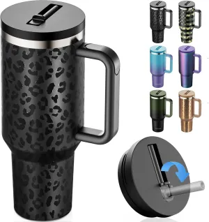 40 oz Tumbler with Handle and Flip Straw Lid - Upgraded Greatyos Insulated Traveler Tumblers with Lids Straws Vacuum Leak Proof Stainless Steel 40oz Cup Mug Gifts for Men Women Him Her (Black Leopard)