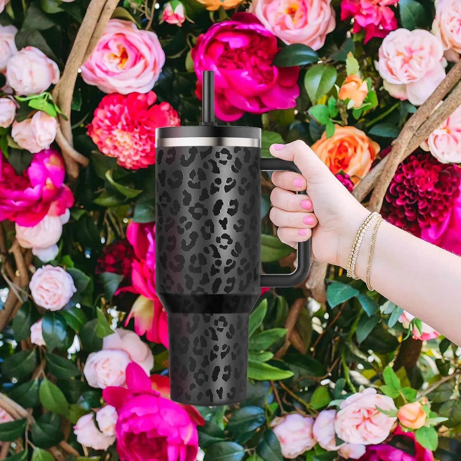 40 oz Tumbler with Handle and Flip Straw Lid - Upgraded Greatyos Insulated Traveler Tumblers with Lids Straws Vacuum Leak Proof Stainless Steel 40oz Cup Mug Gifts for Men Women Him Her (Black Leopard)