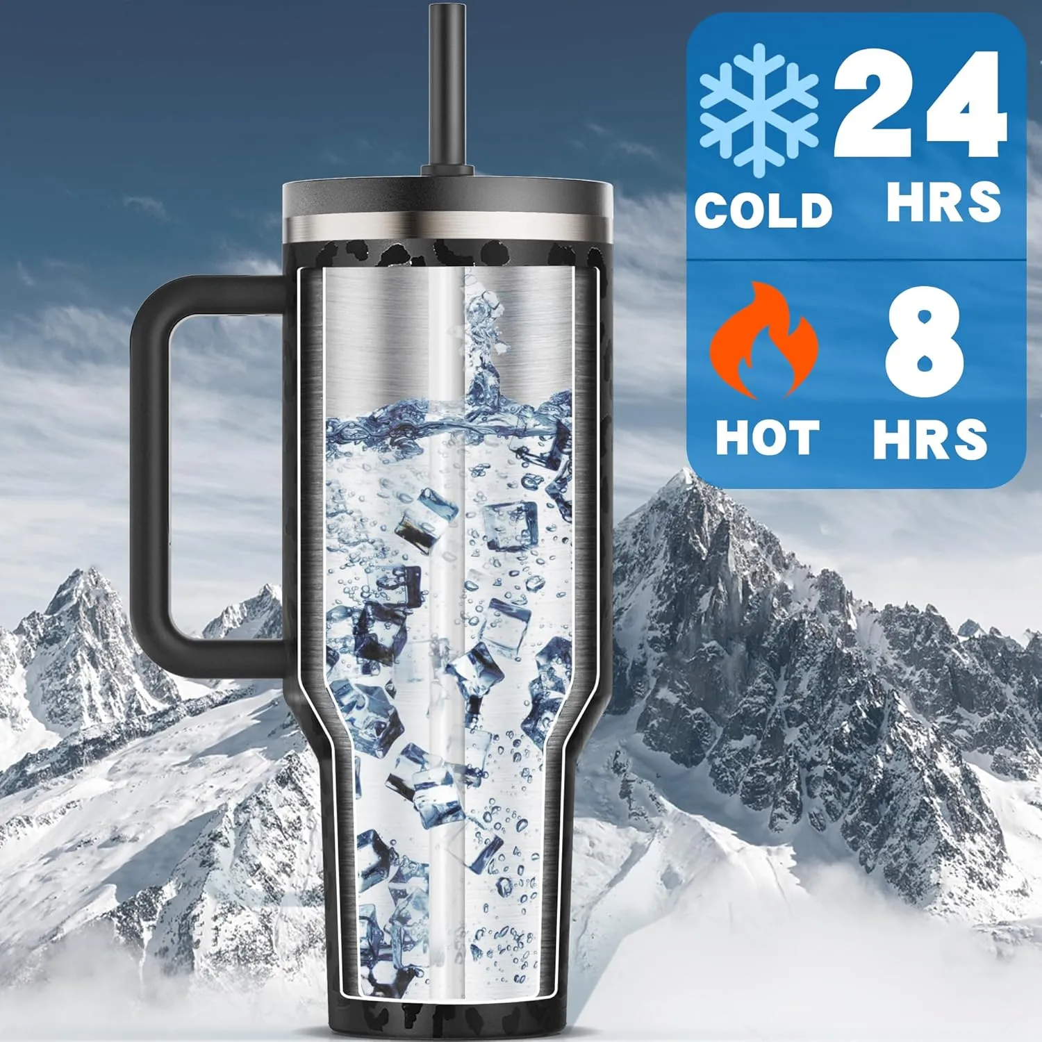 40 oz Tumbler with Handle and Flip Straw Lid - Upgraded Greatyos Insulated Traveler Tumblers with Lids Straws Vacuum Leak Proof Stainless Steel 40oz Cup Mug Gifts for Men Women Him Her (Black Leopard)