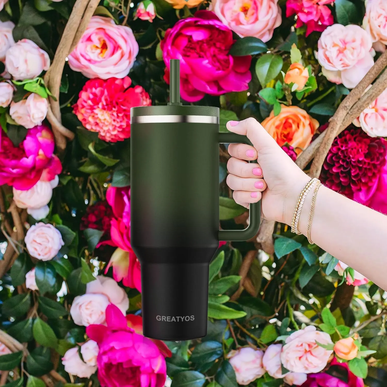 40 oz Tumbler with Handle and Flip Straw Lid - Upgraded Insulated Traveler Tumblers with Lids Straws Vacuum Leak Proof Stainless Steel 40oz Cup Mug Gifts for Men Women Him Her (Black Forest)