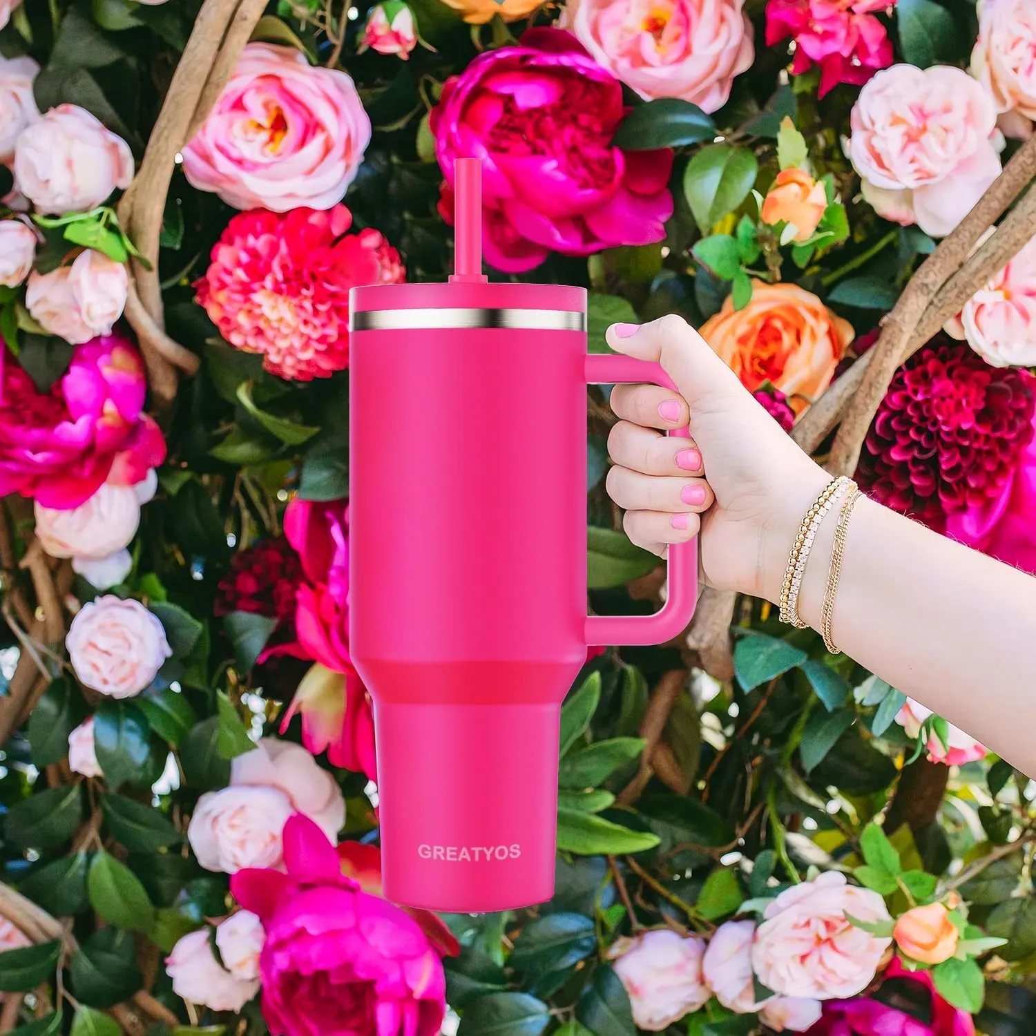 40 oz Tumbler with Handle and Flip Straw Lid - Upgraded Insulated Traveler Tumblers with Lids Straws Vacuum Leak Proof Stainless Steel 40oz Cup Mug Gifts for Men Women Him Her (Camelia)
