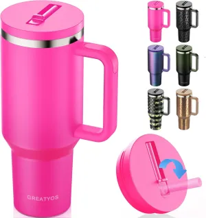 40 oz Tumbler with Handle and Flip Straw Lid - Upgraded Insulated Traveler Tumblers with Lids Straws Vacuum Leak Proof Stainless Steel 40oz Cup Mug Gifts for Men Women Him Her (Camelia)