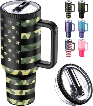 40 oz Tumbler with Handle and Flip Straw Lid - Upgraded Traveler 40oz Tumblers with Lids Straws Vacuum Insulated Leak Proof Stainless Steel Cup Mug Gifts for Men Women Him Her (Camo Flag)