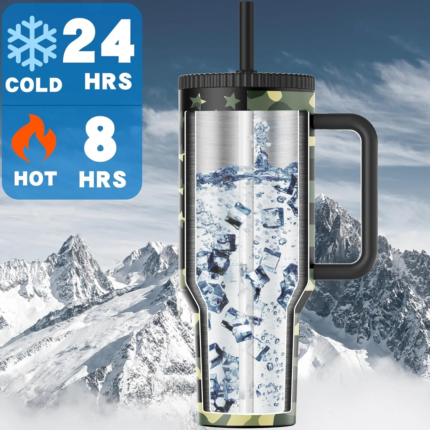 40 oz Tumbler with Handle and Flip Straw Lid - Upgraded Traveler 40oz Tumblers with Lids Straws Vacuum Insulated Leak Proof Stainless Steel Cup Mug Gifts for Men Women Him Her (Camo Flag)