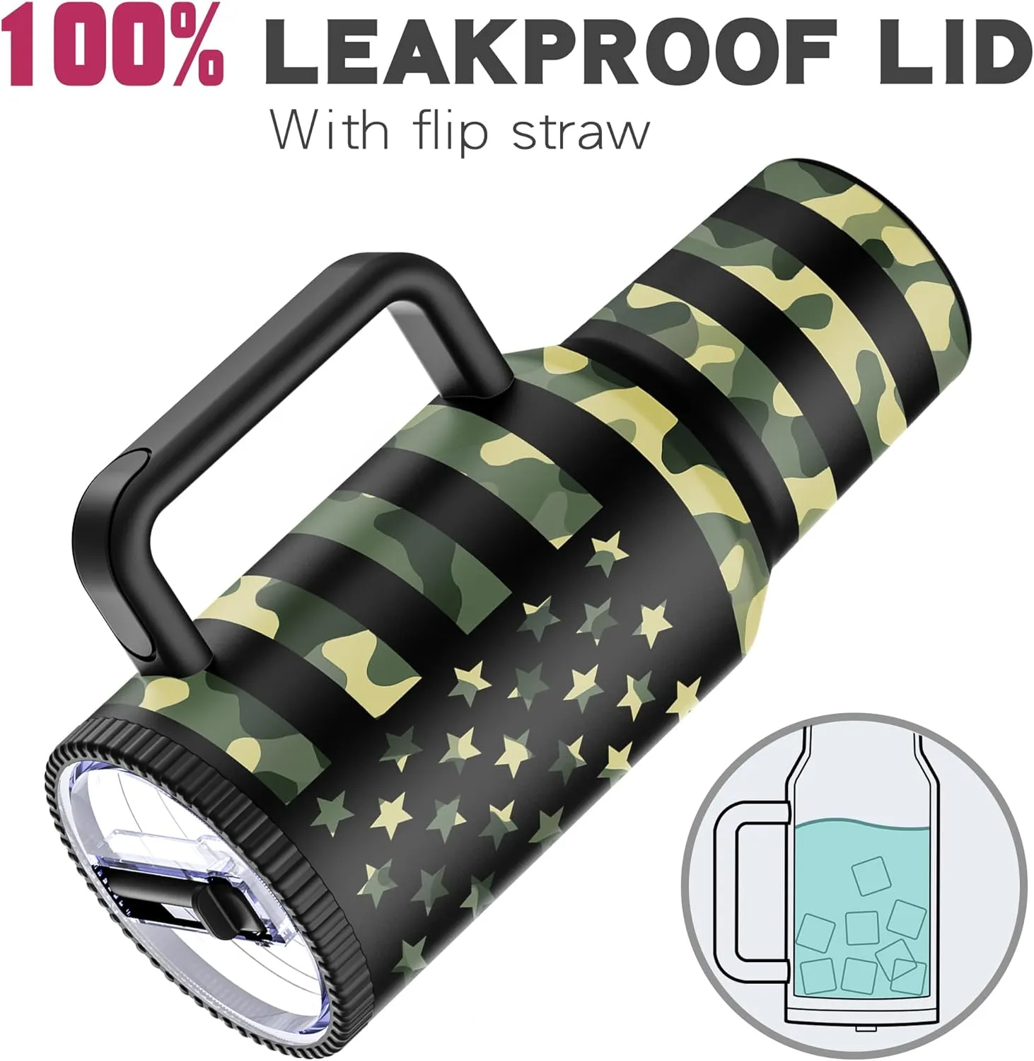 40 oz Tumbler with Handle and Flip Straw Lid - Upgraded Traveler 40oz Tumblers with Lids Straws Vacuum Insulated Leak Proof Stainless Steel Cup Mug Gifts for Men Women Him Her (Camo Flag)