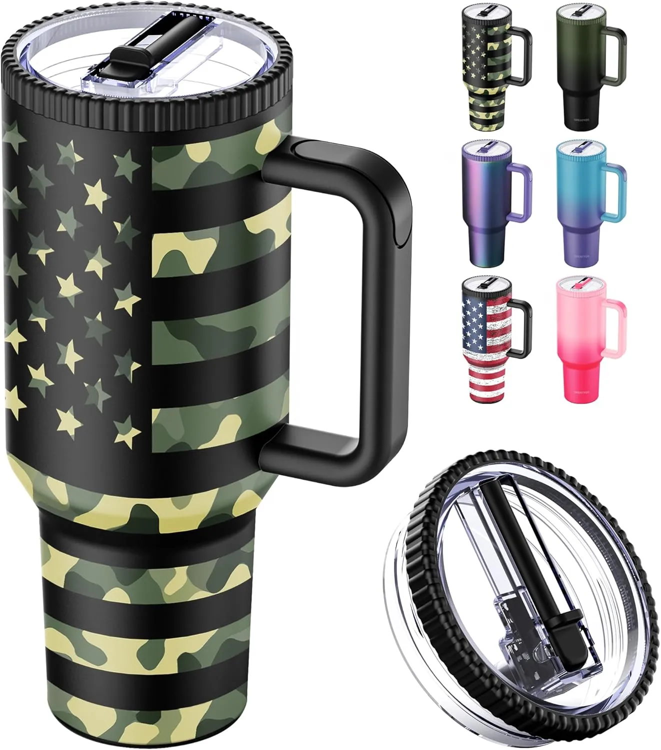 40 oz Tumbler with Handle and Flip Straw Lid - Upgraded Traveler 40oz Tumblers with Lids Straws Vacuum Insulated Leak Proof Stainless Steel Cup Mug Gifts for Men Women Him Her (Camo Flag)