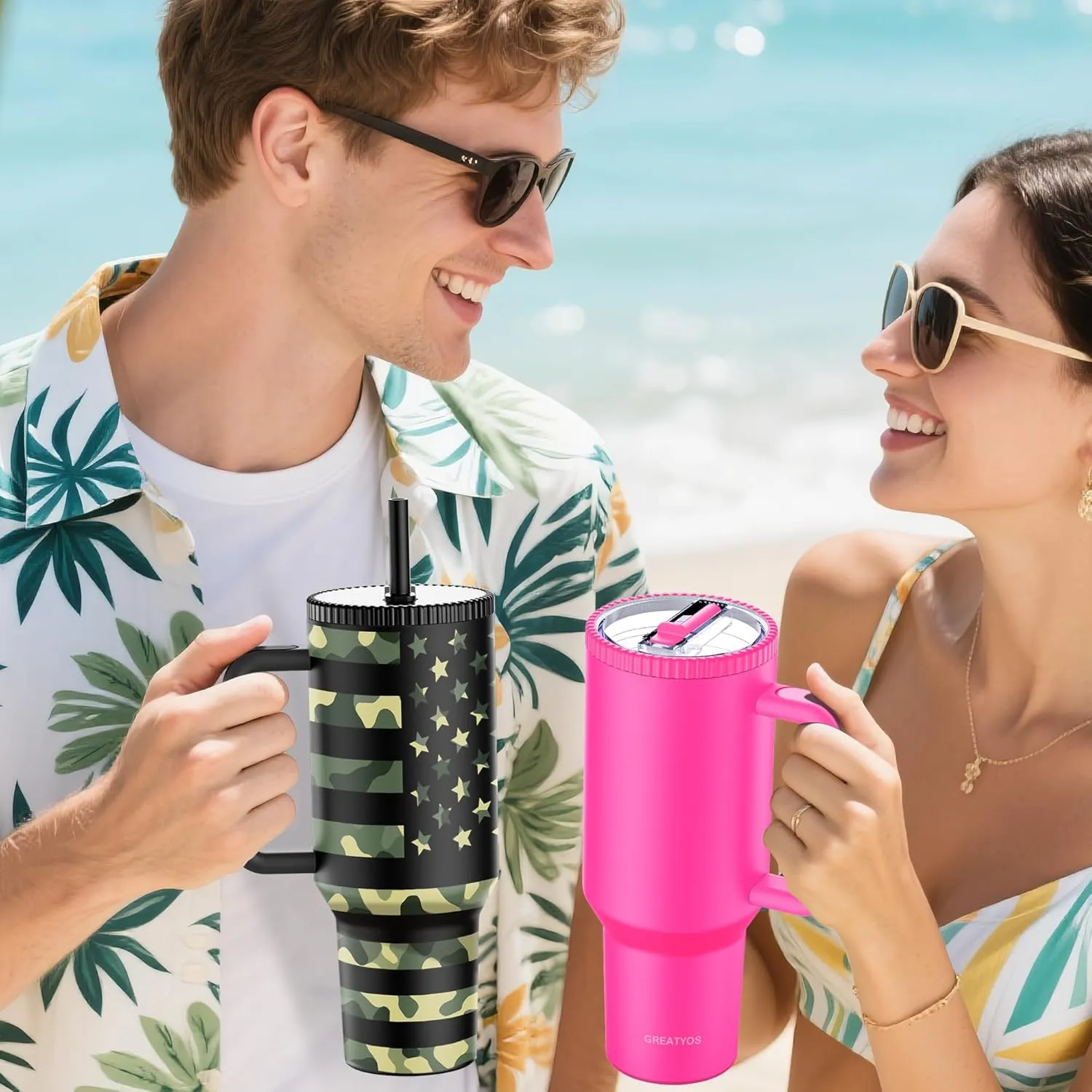 40 oz Tumbler with Handle and Flip Straw Lid - Upgraded Traveler 40oz Tumblers with Lids Straws Vacuum Insulated Leak Proof Stainless Steel Cup Mug Gifts for Men Women Him Her (Camo Flag)