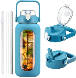 64 oz Glass Water Bottle with Straw and 2 Lids, Half Gallon Water Bottle with Sleeve, Large Insulated 2 Liter Glass Water Jug Time Marker with Handle
