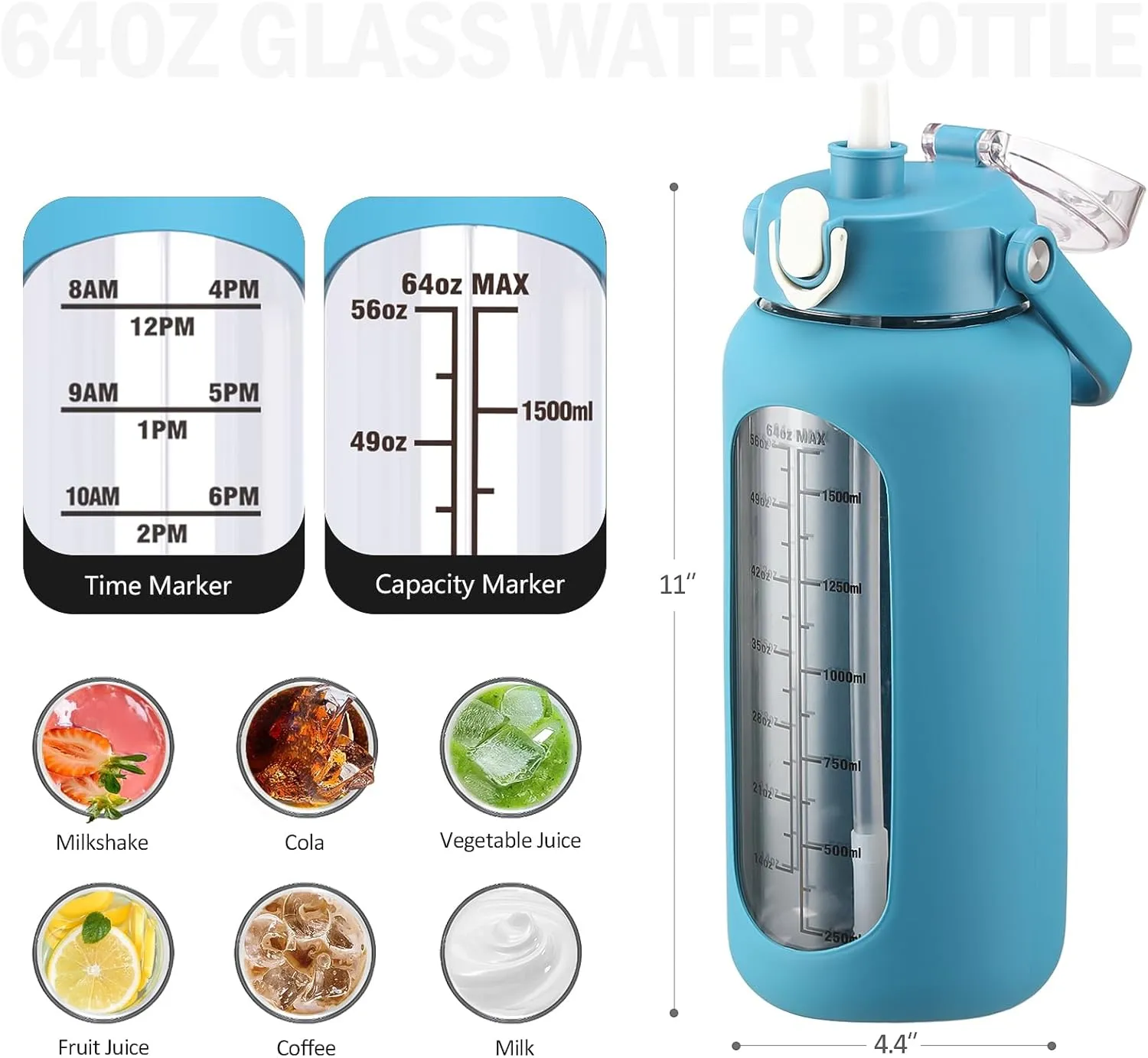 64 oz Glass Water Bottle with Straw and 2 Lids, Half Gallon Water Bottle with Sleeve, Large Insulated 2 Liter Glass Water Jug Time Marker with Handle
