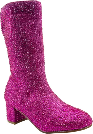 ABSOLEX Girl's Rhinestone Round Toe Knee High Chunky Low Heel Boot