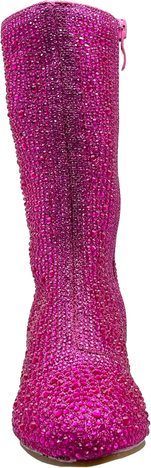 ABSOLEX Girl's Rhinestone Round Toe Knee High Chunky Low Heel Boot