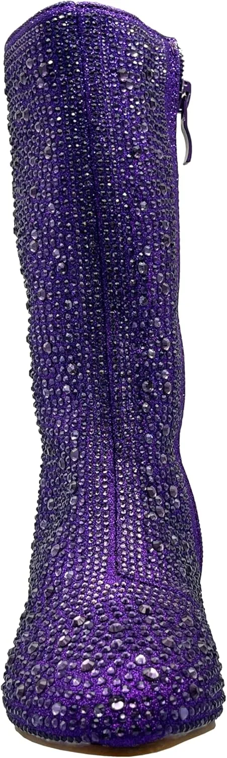 ABSOLEX Girl's Rhinestone Round Toe Knee High Chunky Low Heel Boot