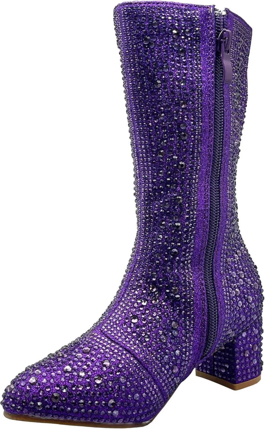 ABSOLEX Girl's Rhinestone Round Toe Knee High Chunky Low Heel Boot