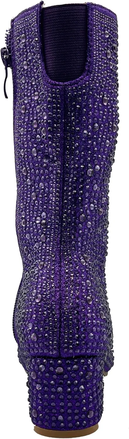 ABSOLEX Girl's Rhinestone Round Toe Knee High Chunky Low Heel Boot