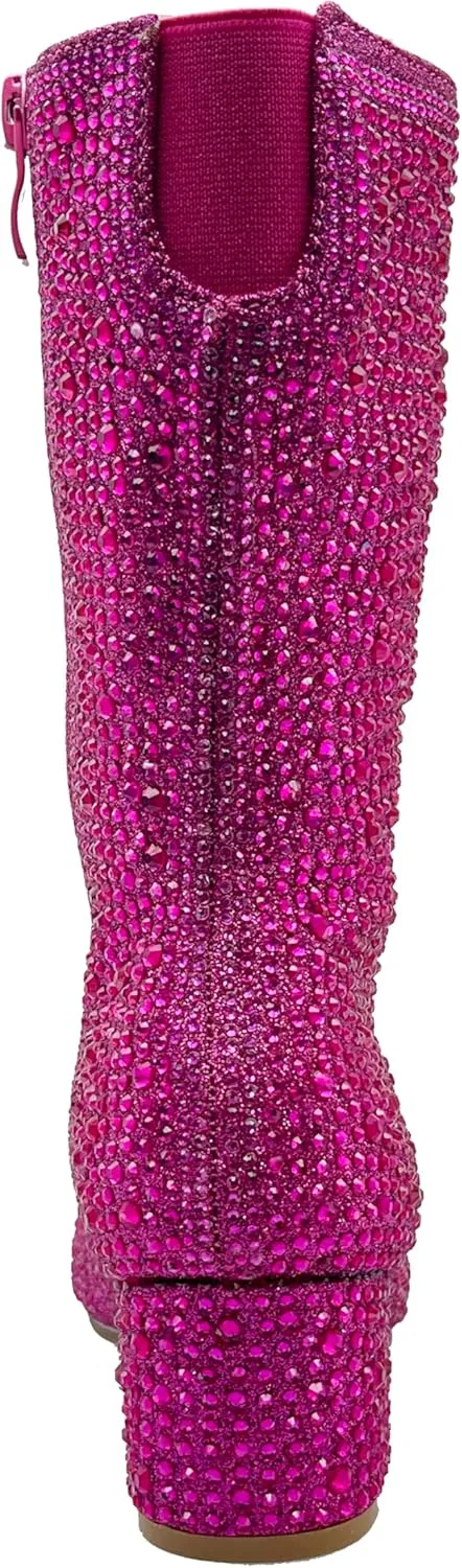 ABSOLEX Girl's Rhinestone Round Toe Knee High Chunky Low Heel Boot