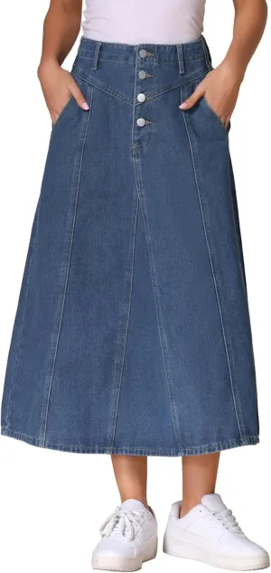 Allegra K Women's Midi Demin Skirt High Waist Pockets Casual A-line Jean Skirts
