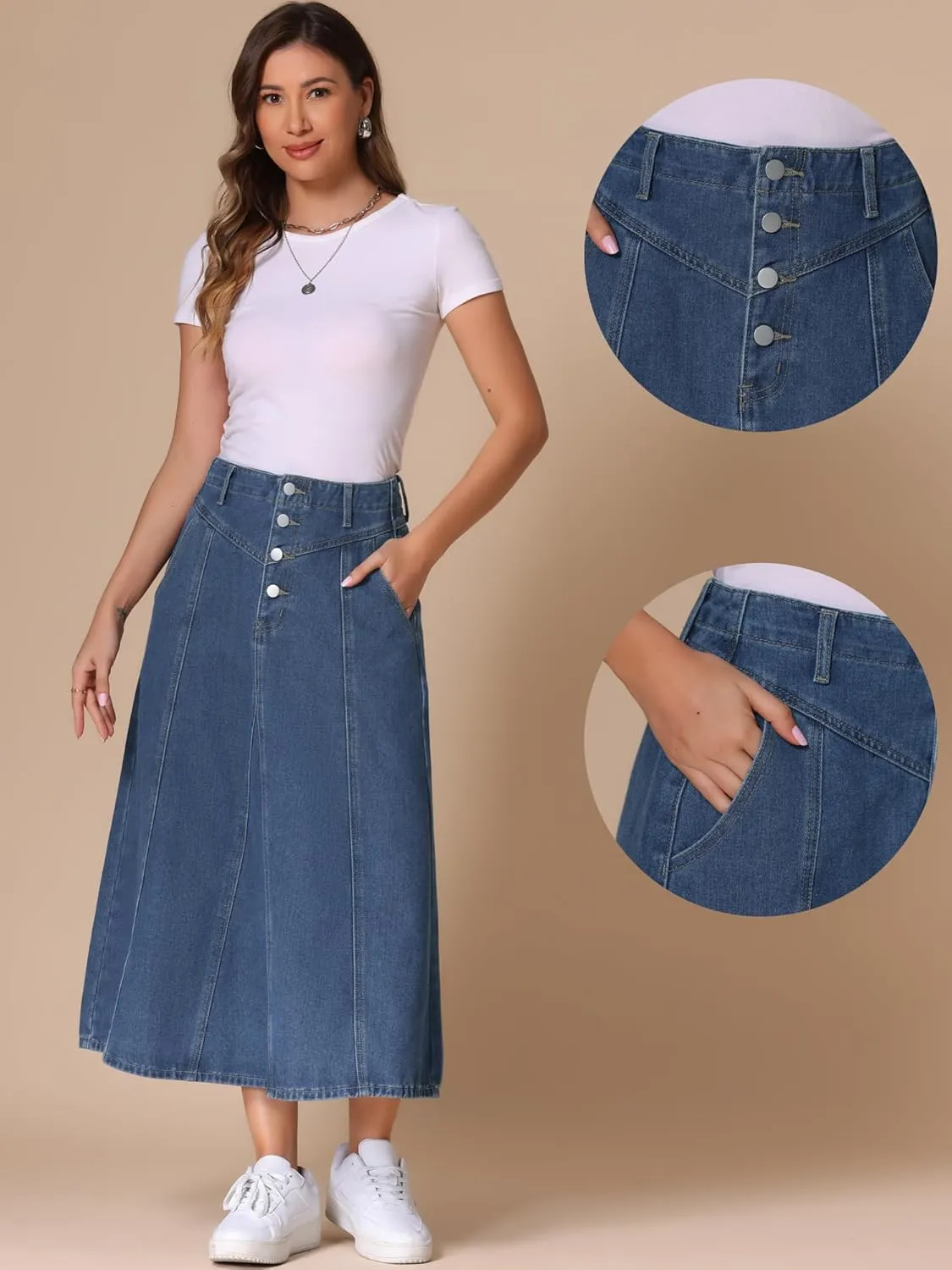 Allegra K Women's Midi Demin Skirt High Waist Pockets Casual A-line Jean Skirts