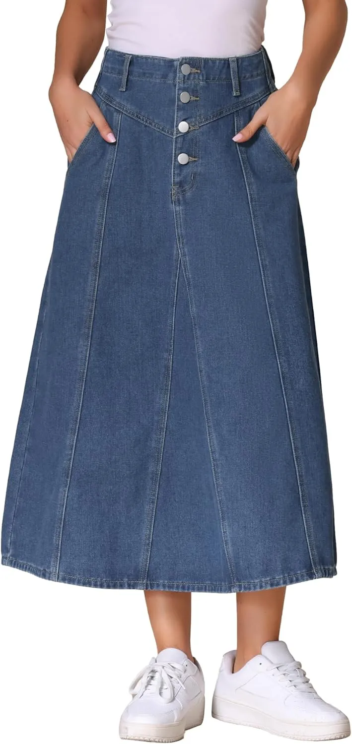 Allegra K Women's Midi Demin Skirt High Waist Pockets Casual A-line Jean Skirts