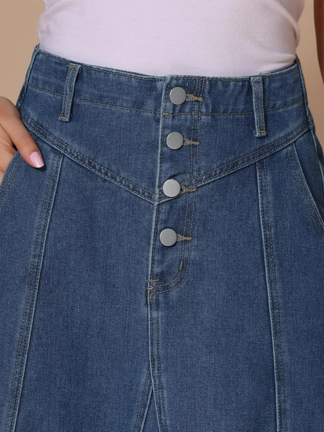 Allegra K Women's Midi Demin Skirt High Waist Pockets Casual A-line Jean Skirts