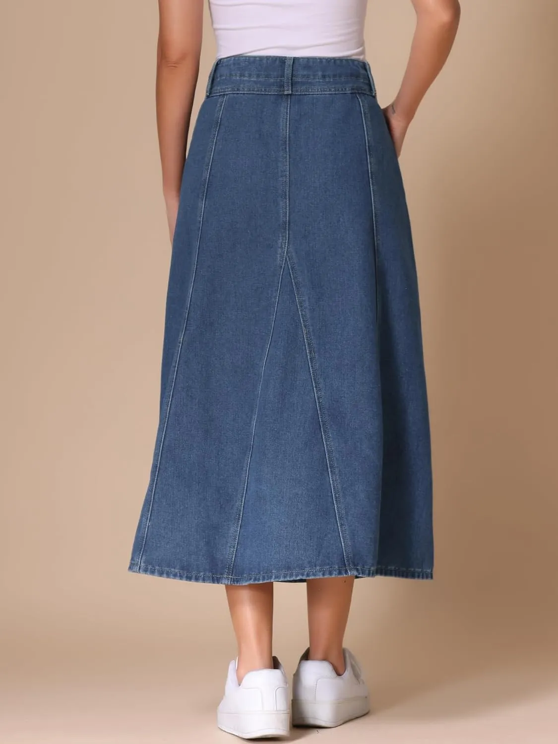 Allegra K Women's Midi Demin Skirt High Waist Pockets Casual A-line Jean Skirts