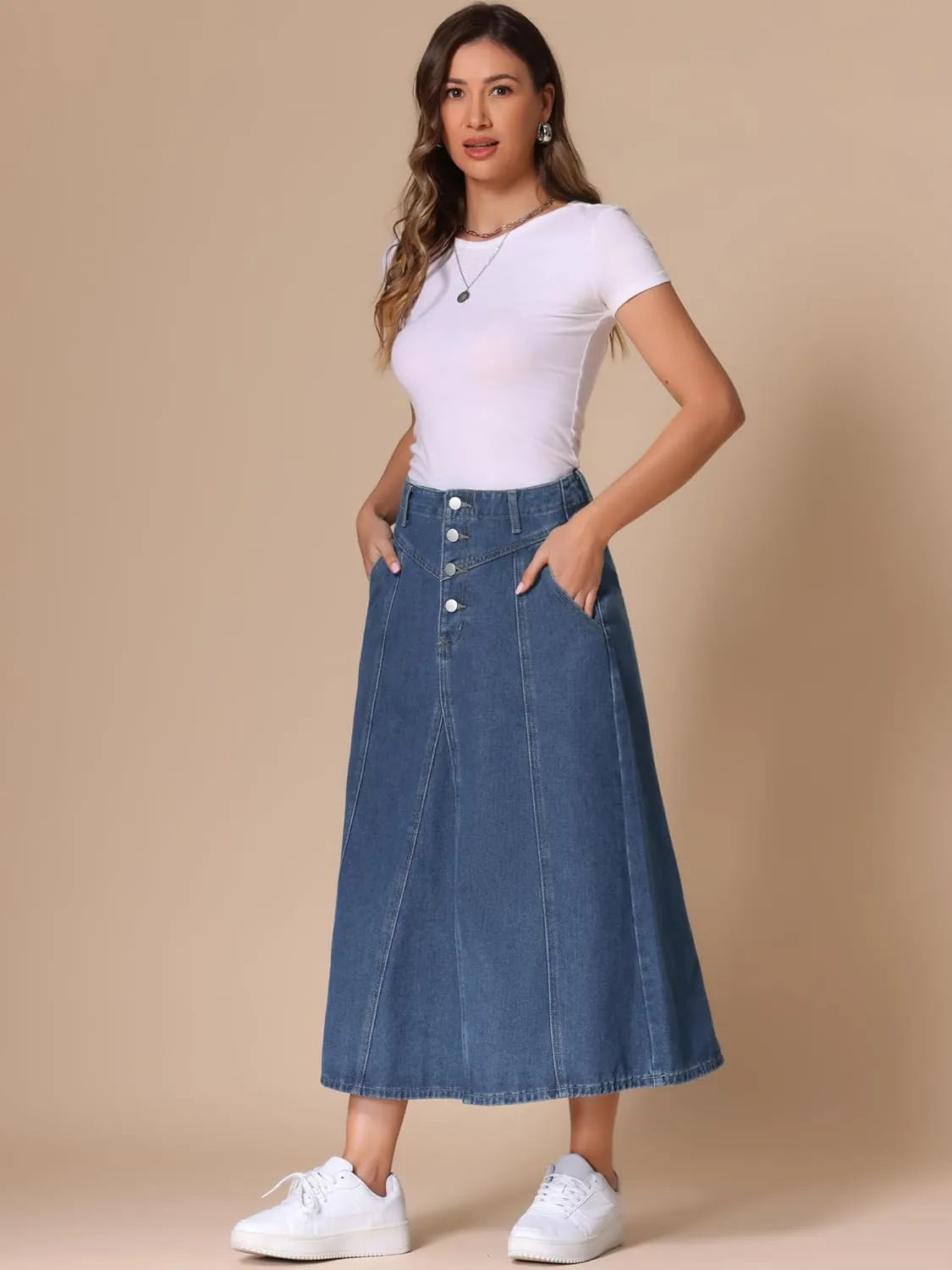 Allegra K Women's Midi Demin Skirt High Waist Pockets Casual A-line Jean Skirts