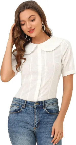 Allegra K Women's Peter Pan Collar Swiss Dots Short Sleeves Button Front Shirt Blouse