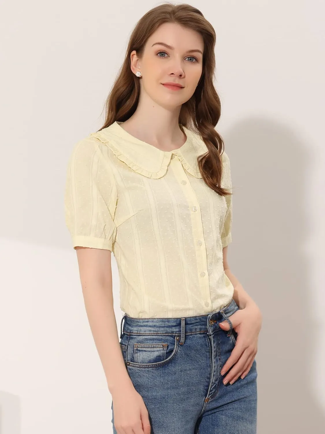 Allegra K Women's Peter Pan Collar Swiss Dots Short Sleeves Button Front Shirt Blouse