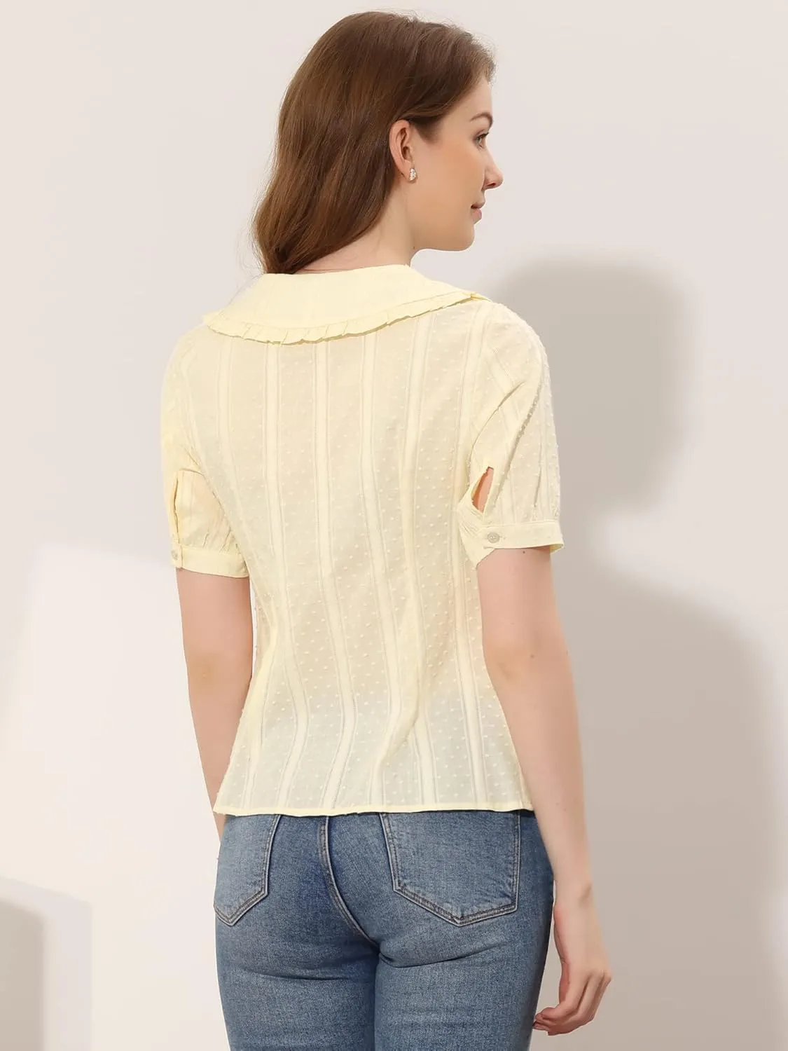 Allegra K Women's Peter Pan Collar Swiss Dots Short Sleeves Button Front Shirt Blouse