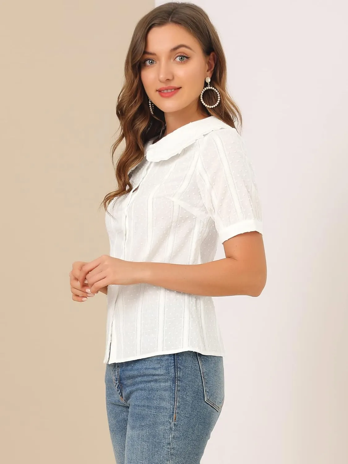 Allegra K Women's Peter Pan Collar Swiss Dots Short Sleeves Button Front Shirt Blouse