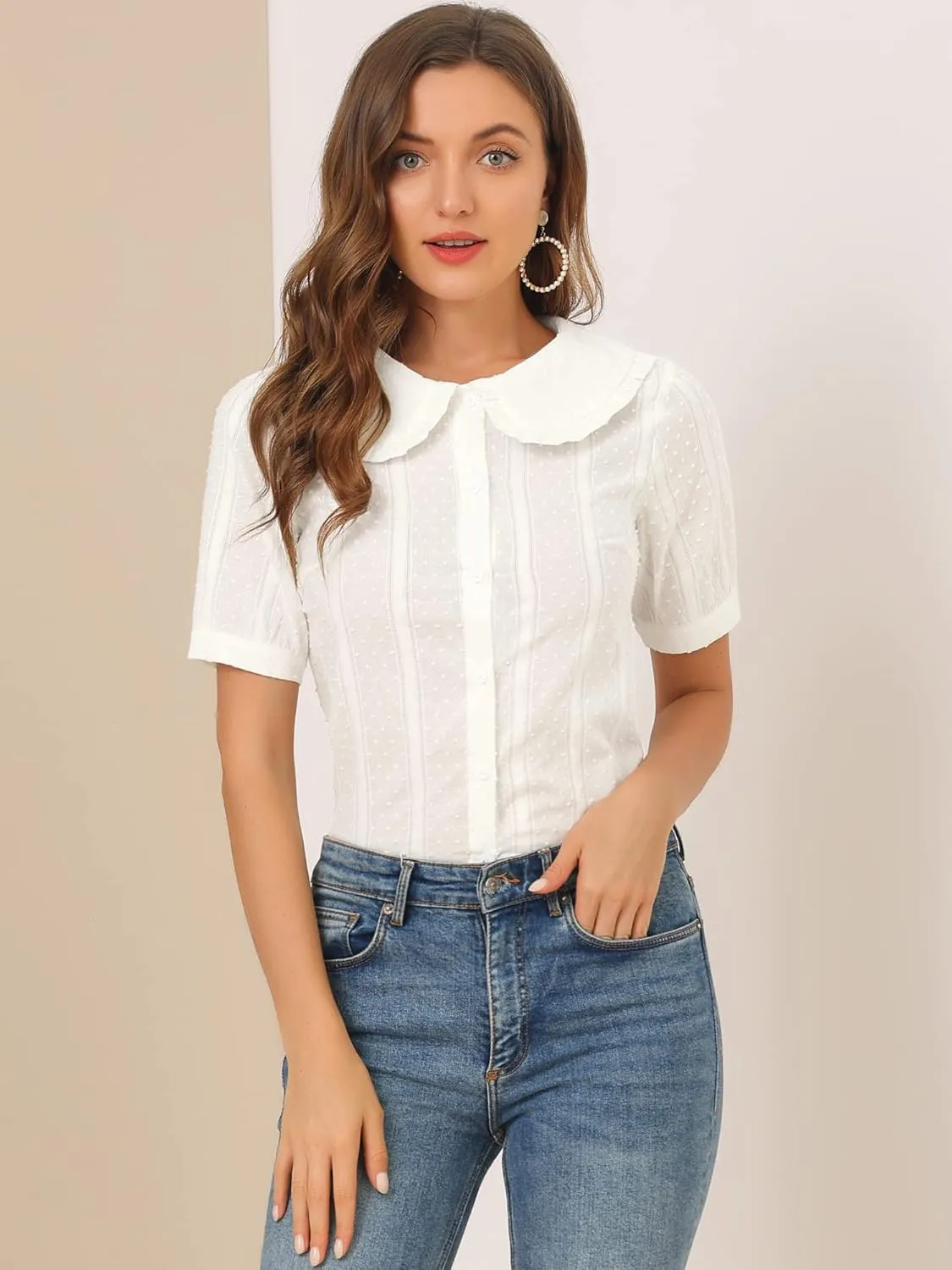 Allegra K Women's Peter Pan Collar Swiss Dots Short Sleeves Button Front Shirt Blouse
