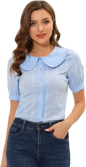 Allegra K Women's Peter Pan Collar Swiss Dots Short Sleeves Button Front Shirt Blouse