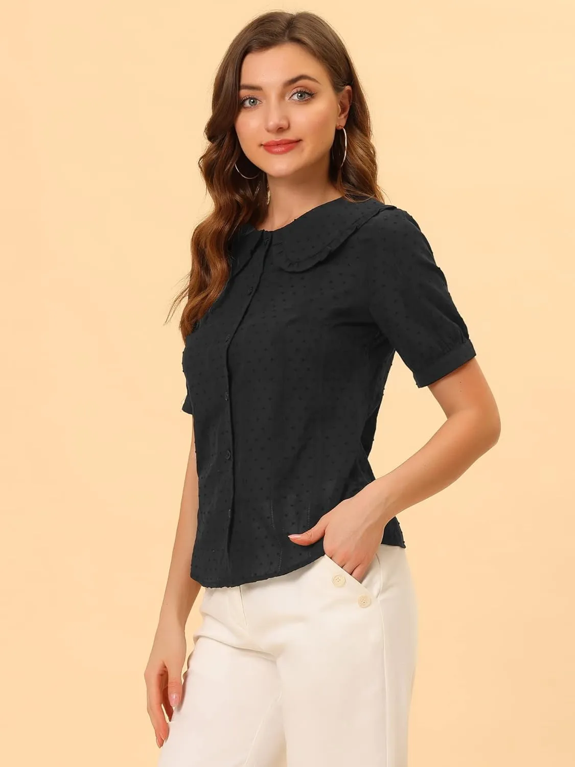 Allegra K Women's Peter Pan Collar Swiss Dots Short Sleeves Button Front Shirt Blouse