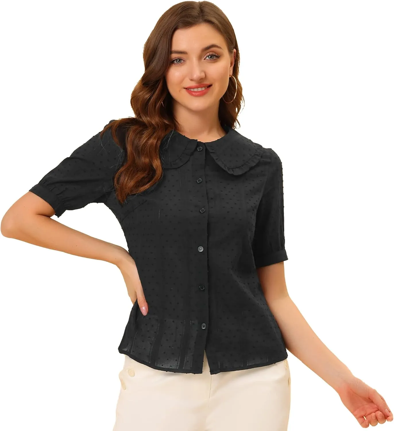 Allegra K Women's Peter Pan Collar Swiss Dots Short Sleeves Button Front Shirt Blouse