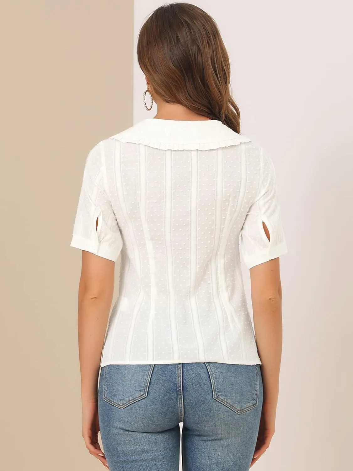 Allegra K Women's Peter Pan Collar Swiss Dots Short Sleeves Button Front Shirt Blouse