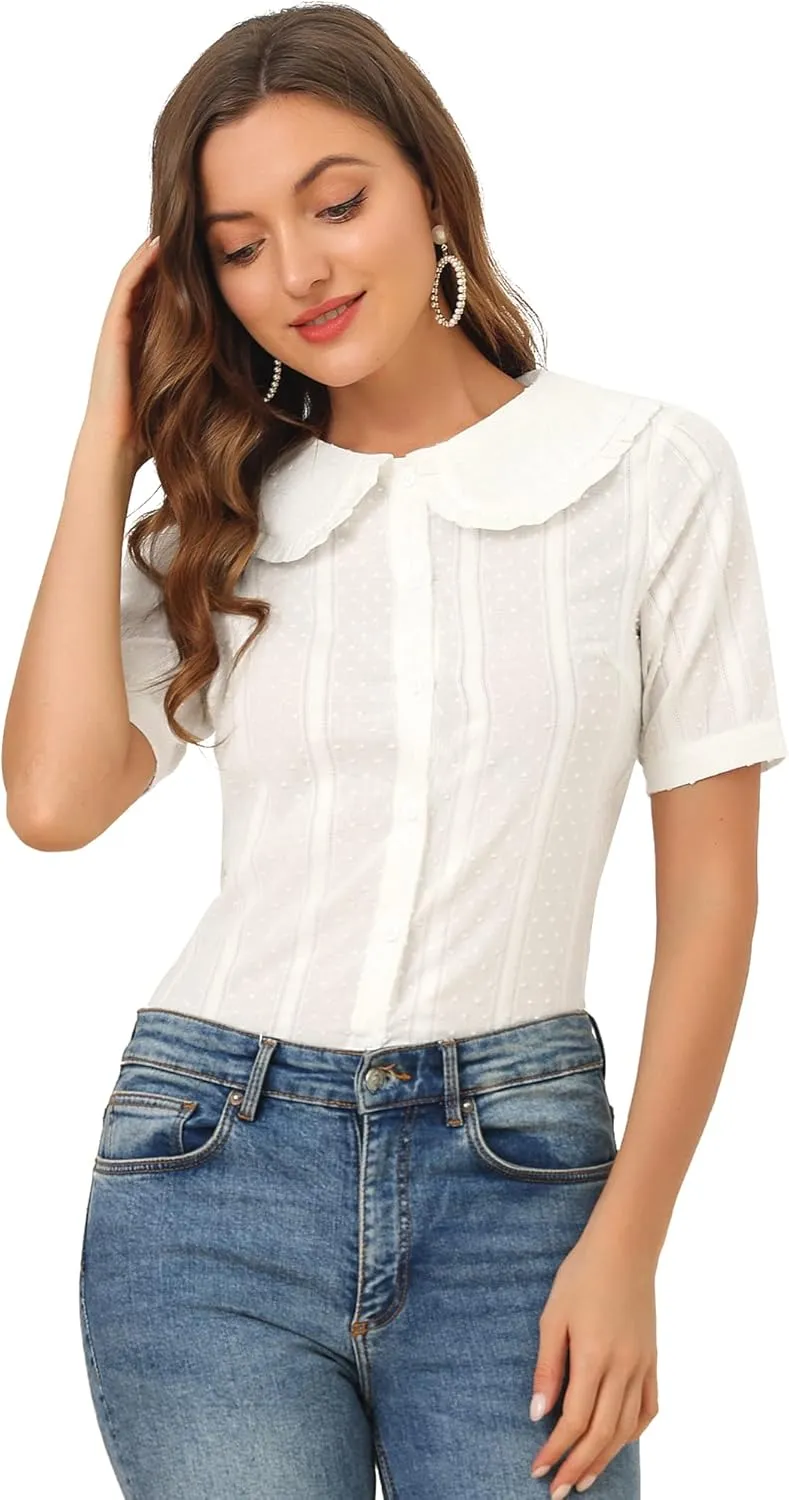 Allegra K Women's Peter Pan Collar Swiss Dots Short Sleeves Button Front Shirt Blouse