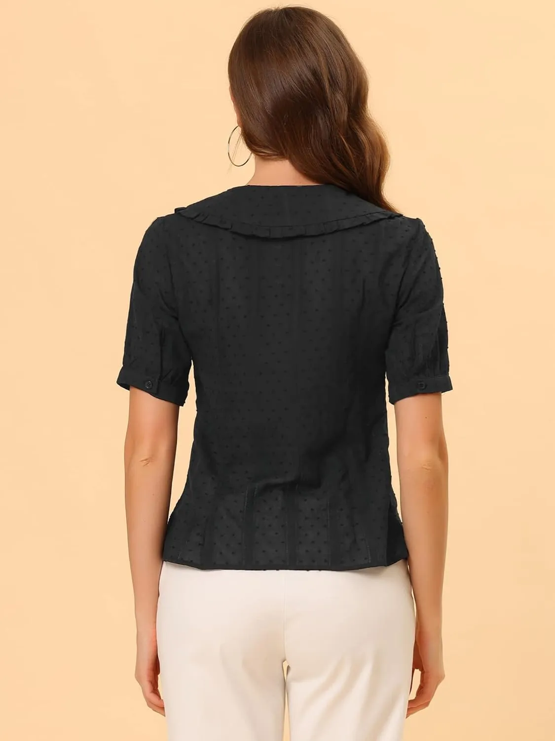 Allegra K Women's Peter Pan Collar Swiss Dots Short Sleeves Button Front Shirt Blouse