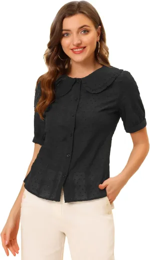 Allegra K Women's Peter Pan Collar Swiss Dots Short Sleeves Button Front Shirt Blouse