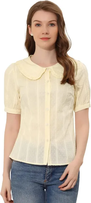 Allegra K Women's Peter Pan Collar Swiss Dots Short Sleeves Button Front Shirt Blouse