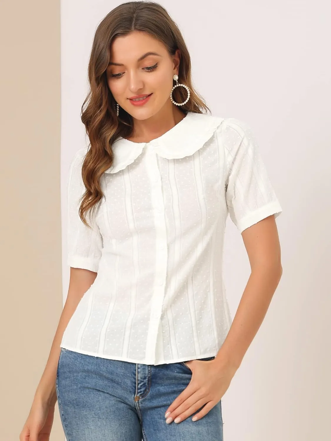 Allegra K Women's Peter Pan Collar Swiss Dots Short Sleeves Button Front Shirt Blouse