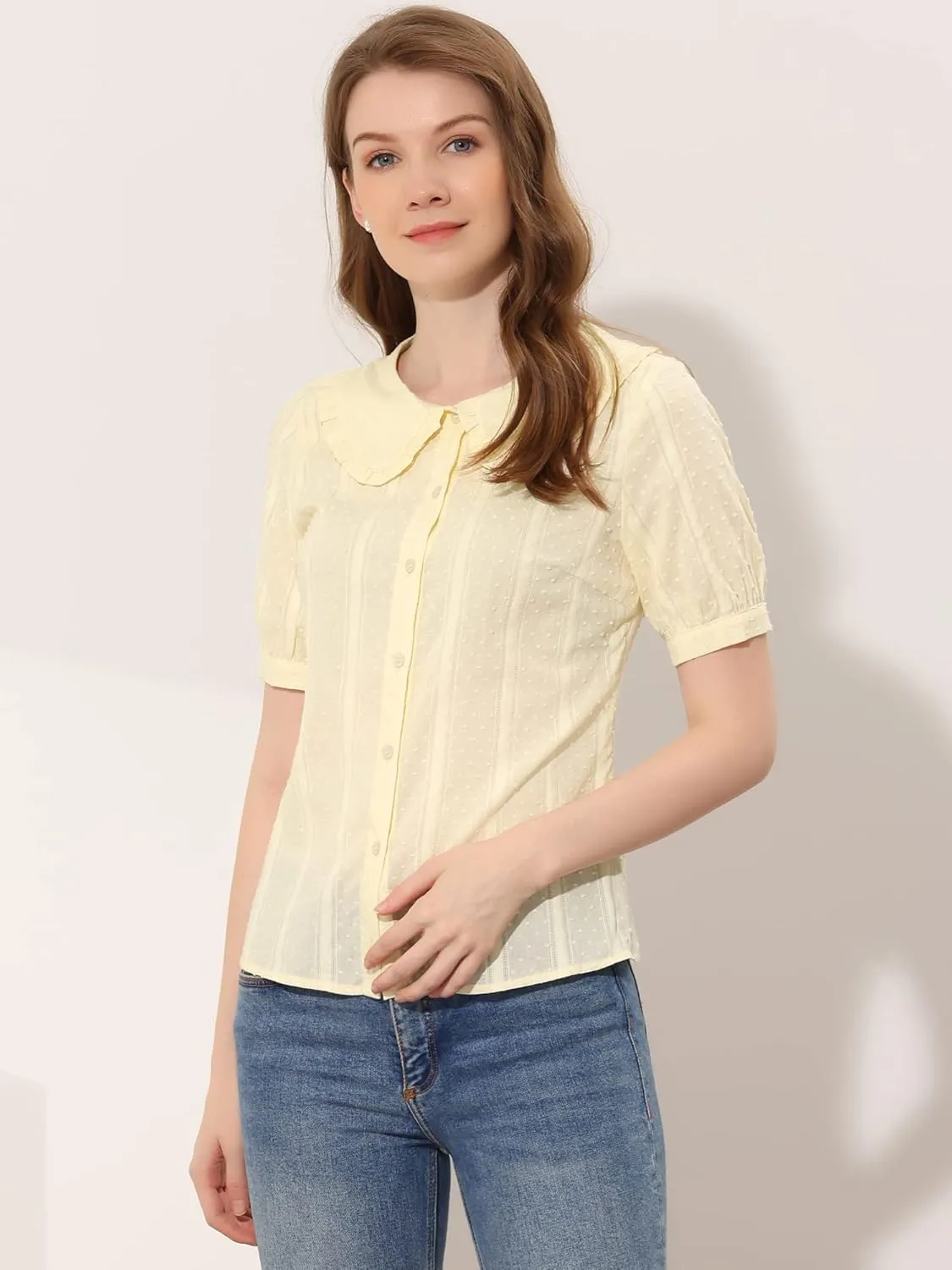 Allegra K Women's Peter Pan Collar Swiss Dots Short Sleeves Button Front Shirt Blouse