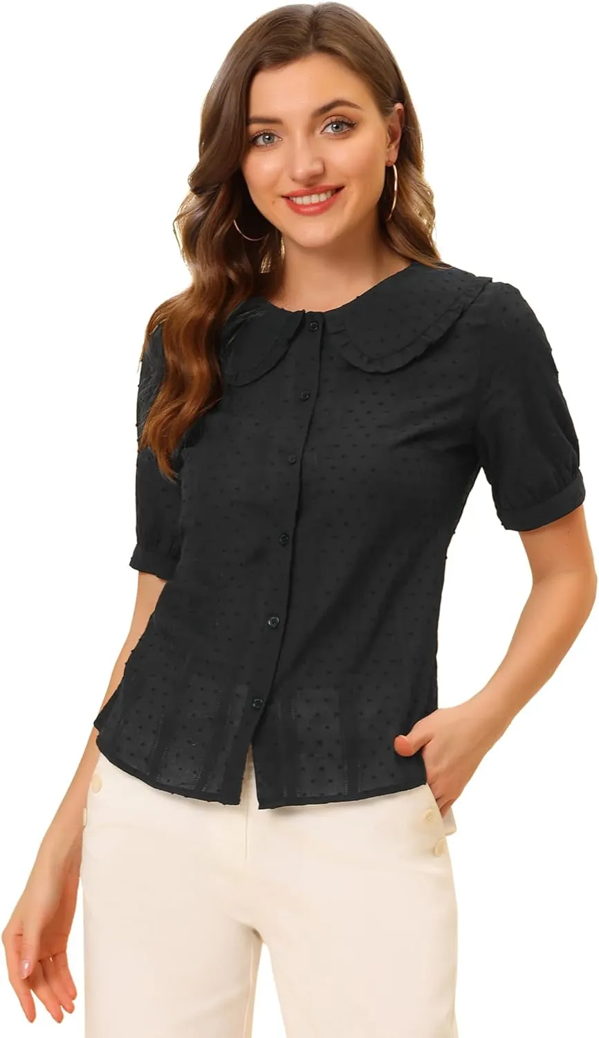 Allegra K Women's Peter Pan Collar Swiss Dots Short Sleeves Button Front Shirt Blouse
