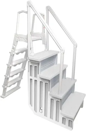 Aqua Select Anti-Slip in-Pool Steps with Outside Flip-Up Ladder | White | for Above Ground Swimming Pools | Can Mount to Decks 48" to 54" H | Safety Stairs Capacity Up to 250 lbs