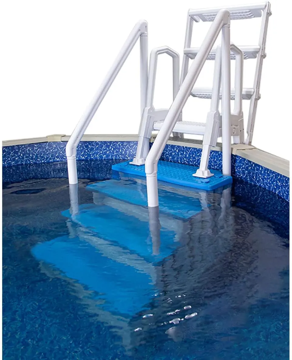 Aqua Select Anti-Slip in-Pool Steps with Outside Flip-Up Ladder | White/Blue Steps | for Above Ground Swimming Pools | Can Mount to Decks 48" to 54" H | Safety Stairs Capacity Up to 250 lbs