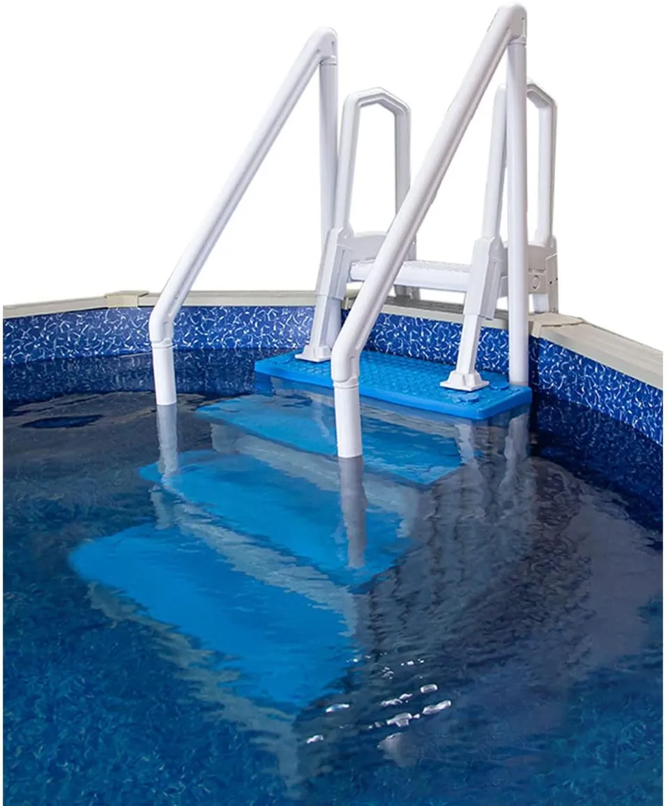 Aqua Select Anti-Slip in-Pool Steps with Outside Flip-Up Ladder | White/Blue Steps | for Above Ground Swimming Pools | Can Mount to Decks 48" to 54" H | Safety Stairs Capacity Up to 250 lbs