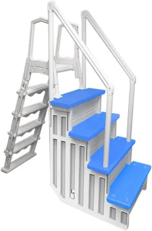 Aqua Select Anti-Slip in-Pool Steps with Outside Flip-Up Ladder | White/Blue Steps | for Above Ground Swimming Pools | Can Mount to Decks 48" to 54" H | Safety Stairs Capacity Up to 250 lbs