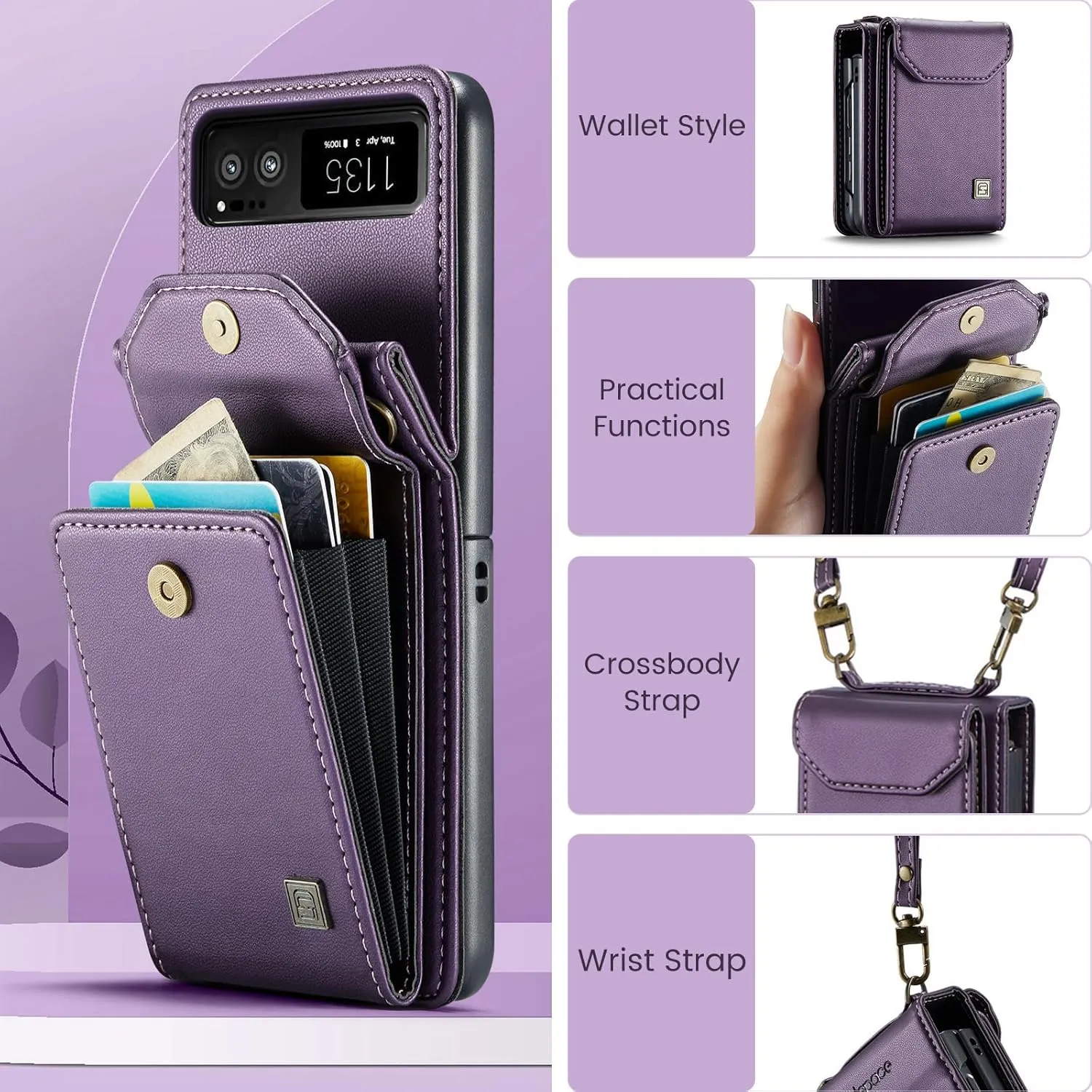 ASAPDOS Crossbody Case Compatible with Motorola Razr 2023,Retro PU Leather Strap Wristlet Flip Case with Magnetic Closure and Card Holder for Men Women Purple